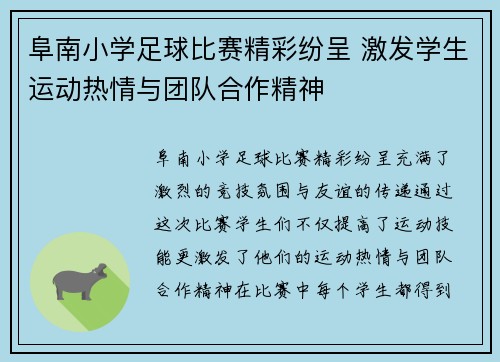 阜南小学足球比赛精彩纷呈 激发学生运动热情与团队合作精神
