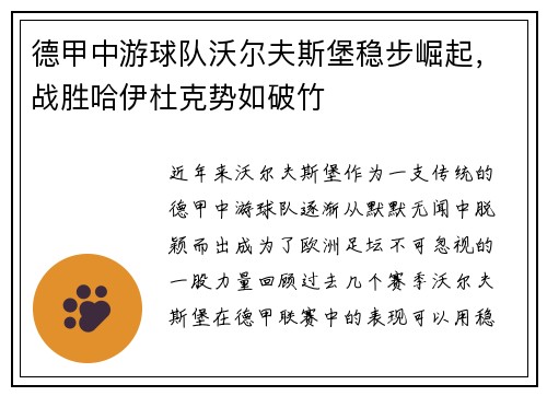 德甲中游球队沃尔夫斯堡稳步崛起，战胜哈伊杜克势如破竹