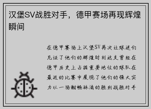 汉堡SV战胜对手，德甲赛场再现辉煌瞬间