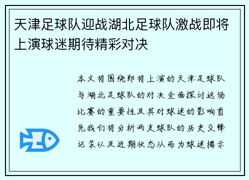 天津足球队迎战湖北足球队激战即将上演球迷期待精彩对决