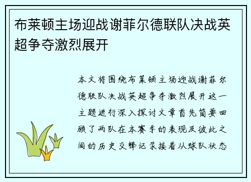 布莱顿主场迎战谢菲尔德联队决战英超争夺激烈展开