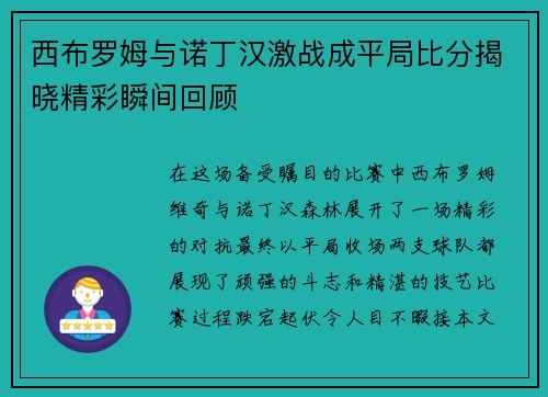 西布罗姆与诺丁汉激战成平局比分揭晓精彩瞬间回顾