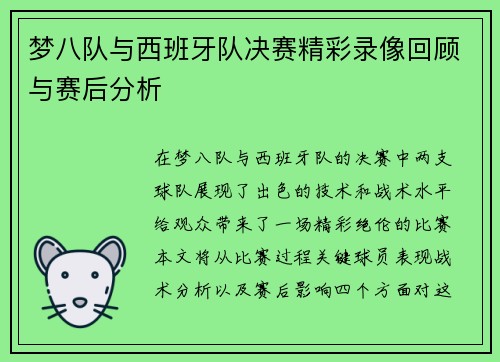 梦八队与西班牙队决赛精彩录像回顾与赛后分析