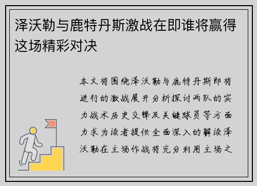 泽沃勒与鹿特丹斯激战在即谁将赢得这场精彩对决