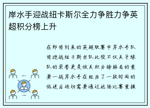 岸水手迎战纽卡斯尔全力争胜力争英超积分榜上升