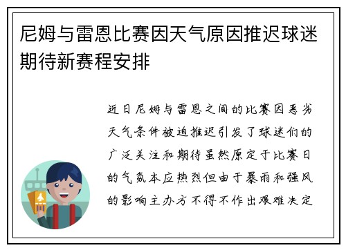 尼姆与雷恩比赛因天气原因推迟球迷期待新赛程安排