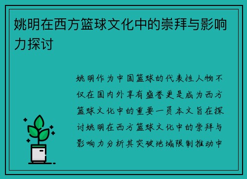 姚明在西方篮球文化中的崇拜与影响力探讨