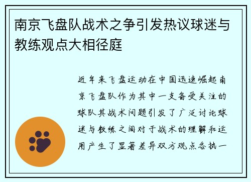 南京飞盘队战术之争引发热议球迷与教练观点大相径庭
