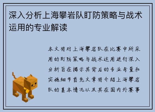 深入分析上海攀岩队盯防策略与战术运用的专业解读
