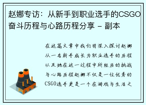 赵娜专访：从新手到职业选手的CSGO奋斗历程与心路历程分享 - 副本